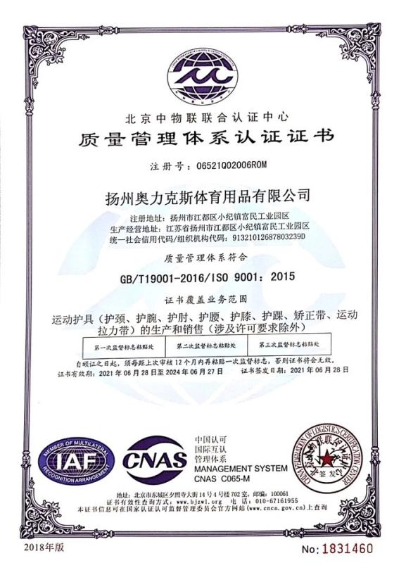 ISO9001 - Yangzhou Aolikes Sports Goods Co., Ltd.