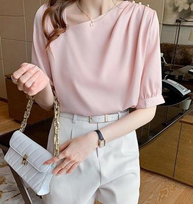 China Anti-pilling silk blouse for women's solid color round pleat pearl main buckle 2021 tops ladies' blouses for sale