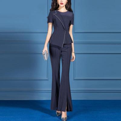 China Wholesale Summer Women Anti-pilling Casual Short Sleeve Striped Suit For Blazer And Pants Ladies Office Suit for sale