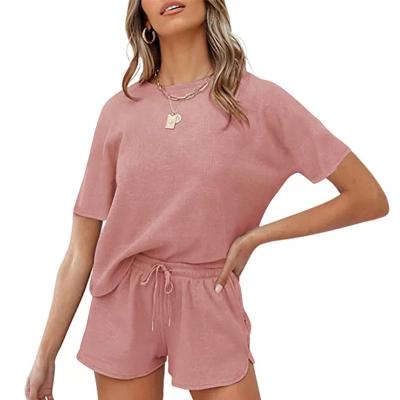 China Breathable Women Short Sleeve Top & Short Loungewear Sporty Apparel Waffle Knit 2 Piece Pajama Set for sale