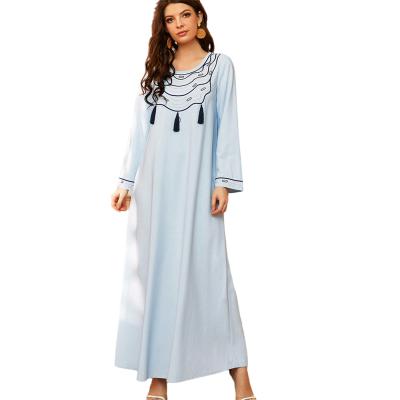 China Polyester Muslim Dress For Women Round Neck Long Sleeve Fashion Solid Color Light Blue Embroidered Patchwork Fringed Plus Size Abaya for sale