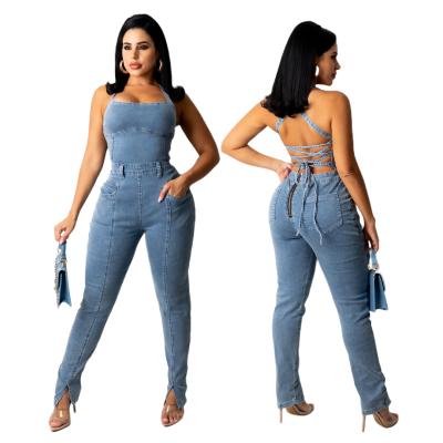 China Anti-pilling 2021 new leisure European and American fashion backless bandage denim hot sale slim fit overalls for sale