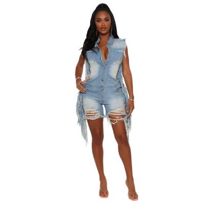 China 2021 QUICK DRY new style ripped fashion personality fringed denim overalls for sale