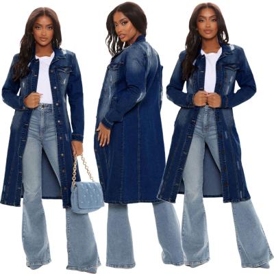 China High Quality Autumn Breathable Blue Plus Size Spring Button Down Single Breasted Ripped Long Women Denim Jacket for sale