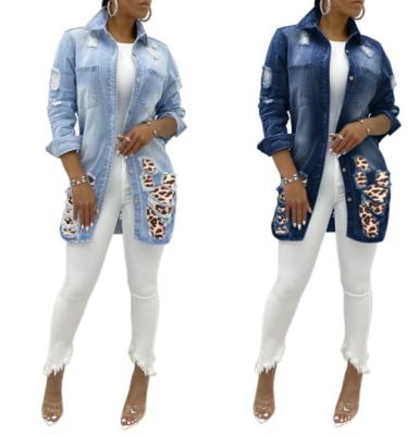 China Breathable spring and autumn hot sale ladies coat fashion women's leopard print stitching long pockets ripped denim jacket for sale