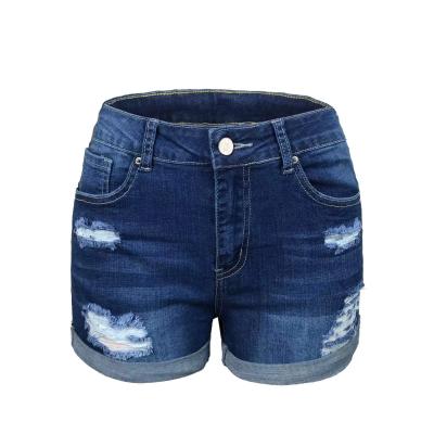 China Anti-wrinkle summer wholesale stock mid waist ladies jeans shorts factory direct sale stylish ripped denim shorts for women for sale