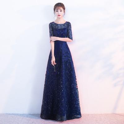 China 2021 Floor Anti-Static Whole Length Sale Lace Up O Neck Half Sleeve Club Evening Dresses Prom Formal Dress Evening Gown Appliqued Dress for sale