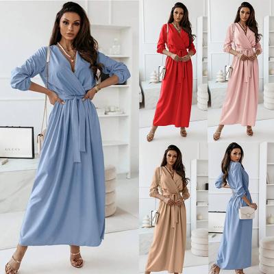 China Autumn Winter Women Breathable V-Neck Maxi Elegant Solid Dresses With Sash Cross Loose Plus Size Long Sleeve Dress for sale