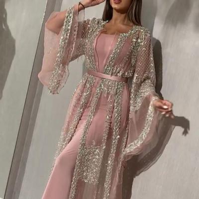 China 2021 Autumn Party Long Sleeve Mesh Costume Anti-Static Sequin Beaded Maxi Standard V-neck Casual Party Dresses for sale