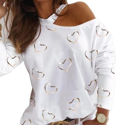 China Anti-wrinkle women blouse heart print leisure sweater shirt fashion off the shoulder long sleeve full halter neck for sale