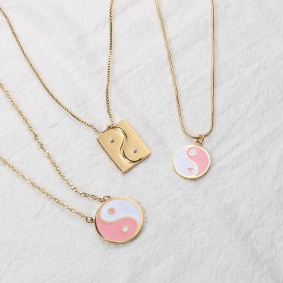 China Latest Deisgn Tai Ji Yin And Yang Vintage Rose Enamel Pendant Jewelry 18k Gold Plated Stainless Steel Trim Yinyang Necklace For Women for sale