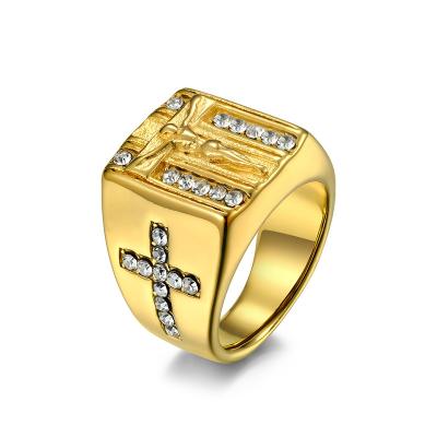 China Exquisite Stainless Steel Crucifix Gold Plated Religious Seal Rings Real Jesus Cross Iced Ring Christian of Amazon Appreance for Men Jewelry for sale