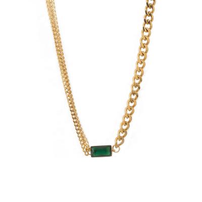 China FASHIONABLE Stylish Green Zircon Stone Paved Soft 18K Gold Plated Stainless Steel Cuban Choker Chain Necklace For Girls for sale