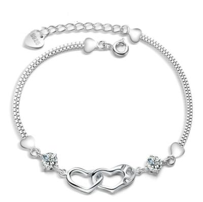 China No Allergic Fashion S925 Sterling Silver Double Heart Charm Custom Bracelet for sale