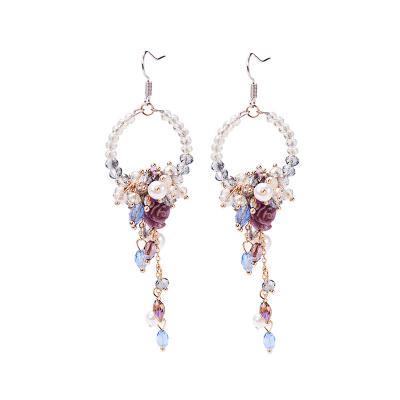 China Trendy Fashion Bohemian Women Crystal Flowers Color Beaded Long Tassel Pearl Earrings for sale