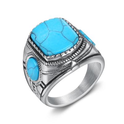 China Punk ODM Men's OEM Stainless Steel Sapphire Turquoise Square Stone Blue Ring For Men for sale