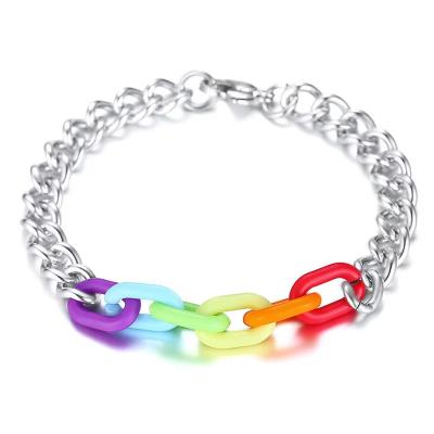 China LGBT Punk Jewelry Sets Rainbow Gay Pride Chains Stainless Steel Acrylic Chain Bracelet Cuban Necklace for sale