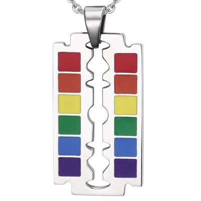 China LGBT Hyperbole Flag Jewelry Gay and Lesbian Pride Necklace Stainless Steel Rainbow Blade Pendant Necklaces for sale