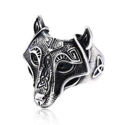 China Vintage Punk Viking Wolf Head Antique Silver Plated Gothic Biker Animal Rings For Men Stainless Steel Rings for sale