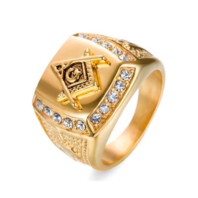 China Classic Custom Design Jewelry Stainless Steel Casting Gold Crystal Men Freemasonry Masonic Rings for sale