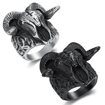 China Custom Vintage Stainless Steel Biker Jewelry Lucifer Goat Ram Devil Skull Rings For Women Mens for sale