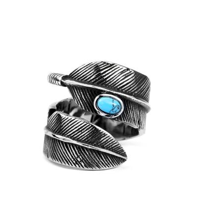 China Biker Style Stainless Steel Turquoise Leaf Shape Punk Custom Blue Red Stone Wrap Rings Gemstone Men Rings for sale