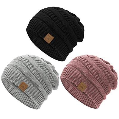 China JOINT Women's Silky Satin Striped Chunky Cable Knit Slouchy Beanie Winter Hats With Custom Leather Patch for sale