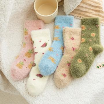 China QUICK DRY Women's Mink Wool Comfortable Soft Fuzzy Imitation Socks Thickened Warm Colorful Fruit Knitted Floor Winter Socks for sale