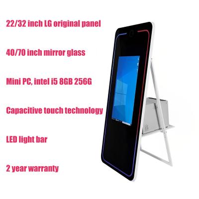 China 65 Inch Event Floor Standing Magic Mirror Glass Photo Booth Capacitive 10 Point Touch Screen Win OS I5 8GB 256G Advertising Players for sale