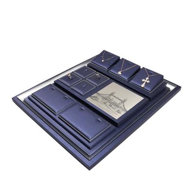 China Blue Custom Customized Modern LOGO PU Leather Table Jewelry Tray Display Set Busts Store Jewelry Display for sale