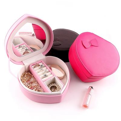 China Customized Luxury Customized Modern OEM Logo Heart Shaped Travel Jewelry Jewelry Storage Organizer Box Case With Mirror for sale