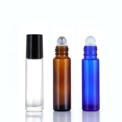 China Non Spill Refillable 10ml amber clear blue perfume glass roller bottles cosmetic roll on bottle for essential oil for sale