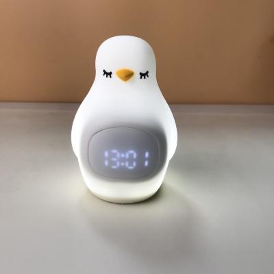 China Logo Customized Acceptable Penguin Silicone Night Light Bedside Desk Clock Alarm Clock for sale