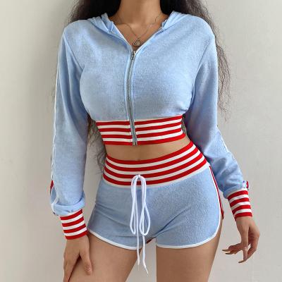 China Breathable Ready To Ship Casual Newcomers Fitness 2 Piece Hoodie And Short Set Drop Clothing For Women for sale