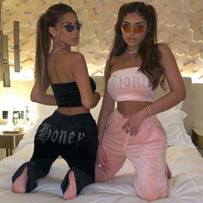 China Tube Women Print Letter Print Rhinestone Velvet Wide Leg Set Two Piece Breathable High Crop Tops Summer 2021 Sporty Tracksuit for sale