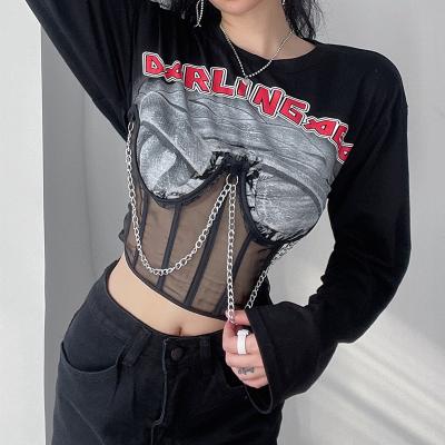 China 2021 Wholesale Fashion Streetwear Breathable Long Sleeve Crop Chain T-shirt Women Print T Shirt for sale