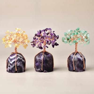 China 2022 Europe Wholesale Amethyst Five-petal Rough Base Crystal Bonsai Fortune Money Tree Natural For Home Office Ornaments for sale