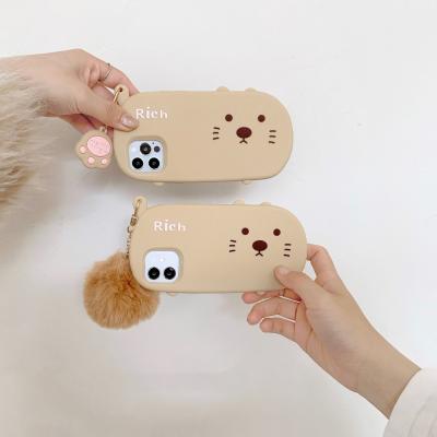 China 3D Anti-fall TPU Shell Soft Cute Cartoon Rich Cat Phone Case For iPhone 12 mini 11 pro XS Max Pendant Pompom Hair Ball Silicone Back Cover for sale