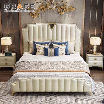 China Hand Carved Nordic Modern Style Bedroom Furniture Luxury Leathe Bed With Gold Plating Frame for sale