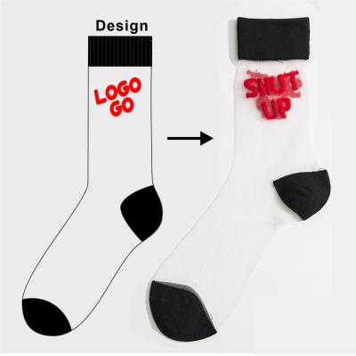 China Factory Custom Breathable Ladies Logo Lace Transparent Thin Elastic Socks Crystal Glass Silk Sheer Short Stockings Socks for sale