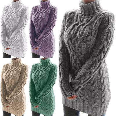 China 2021 New Breathable Ladies Knitted Sweater Dress High Collar Thick Winter Women's Long Sleeve Short Dresses for sale