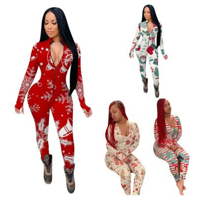 China New Arrival Anti-pilling Long Sleeve Christmas One Piece Rompers Ladies Printed Winter Women Bodycon Overalls for sale