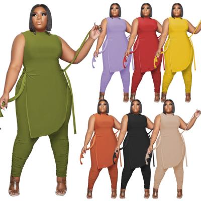 China Fashion anti-pilling casual ladies teams sleeveless irregular tops plus size spring women pants two-piece set for sale