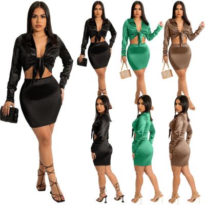 China Anti-pilling 2022 new ladies outfits long sleeve shirt crop full plus size spring women skirts two-piece set for sale