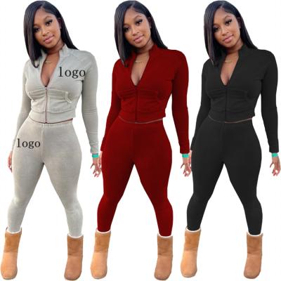 China Custom Logo Popular Ladies Outfits Anti-Wrinkle Long Sleeve Zipper Tops Pocket Autumn Women Pants Two Piece Set for sale