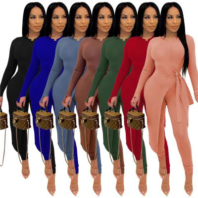 China Breathable Fashionable Ladies Stylish Outfits Split Long Tops Pencil Pants Fall Women Clothing Two Piece Set for sale