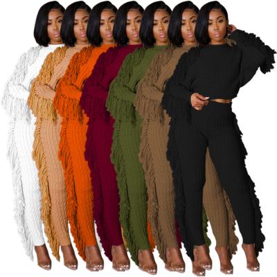 China Anti-pilling high quality ladies sweater outfits tassels knitted winter long sleeve two piece set women clothing for sale