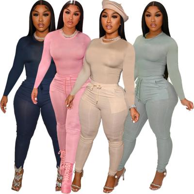 China Autumn Women's Popular Solid Color Tops Ladies Casual Long Sleeve Anti-Pilling Outfits Two-Piece Set for sale