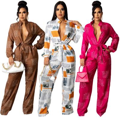 China Fashionable Anti-wrinkle Ladies Print Overalls Long Sheath Wide Leg Autumn Women One Piece Loose Rompers for sale