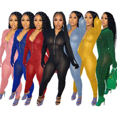 China QUICK DRY Ladies Bodycon Rompers Boutique Mesh Club Autumn Women One Piece Long Sleeve Mitten Overalls for sale